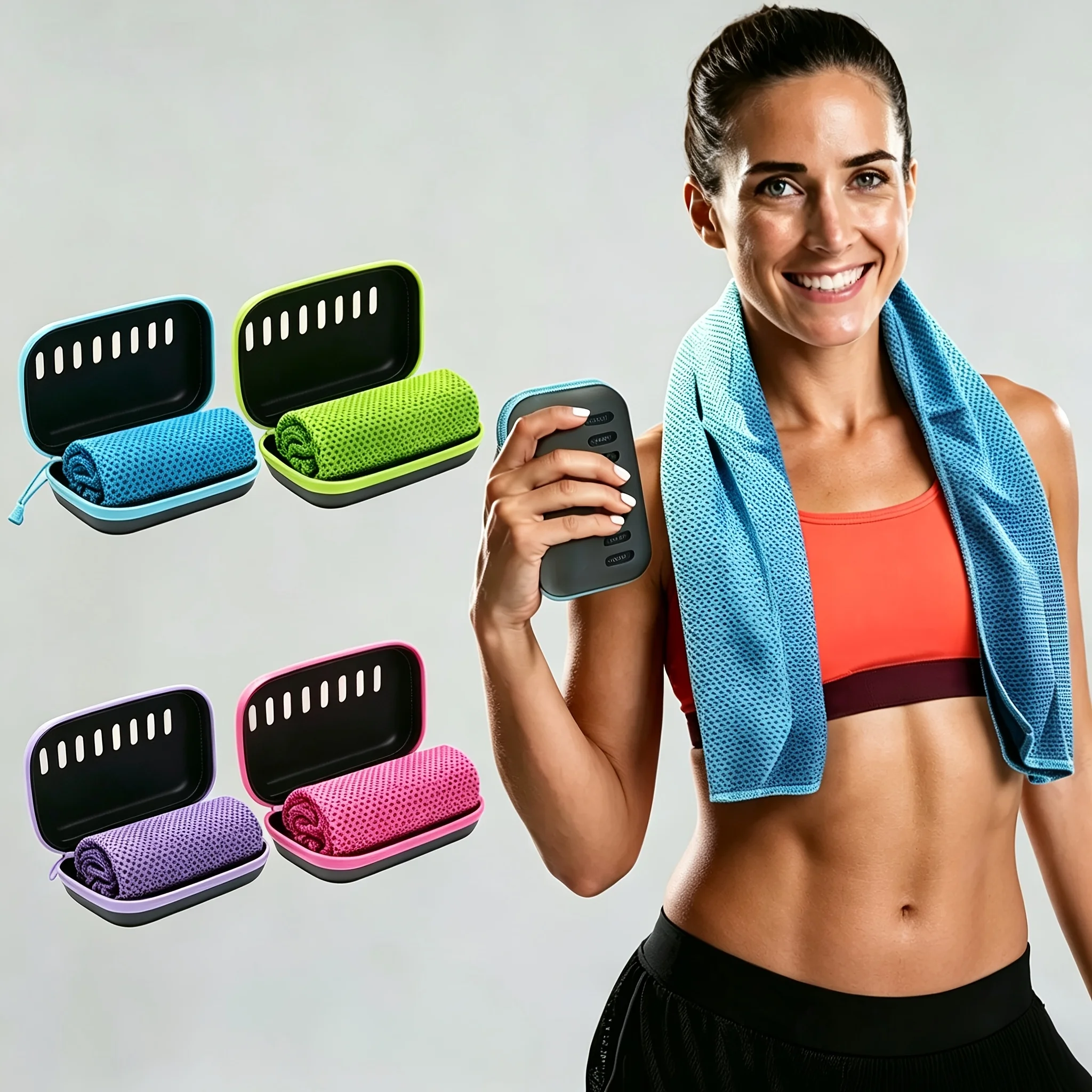 2/1 piece in random color, cooling quick-dry sports towel with EVC storage box. Lightweight, portable, and machine washable, suitable for camping, hiking, and gym use. Durable fabric, ideal for camping, fitness, Hallow