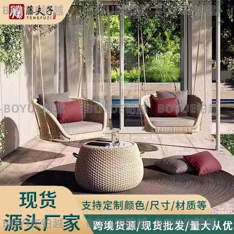 Nordic Outdoor Double Rattan Swing Chair Hanging Hammock for Garden Courtyard Park Patio Furniture Two Person Seating