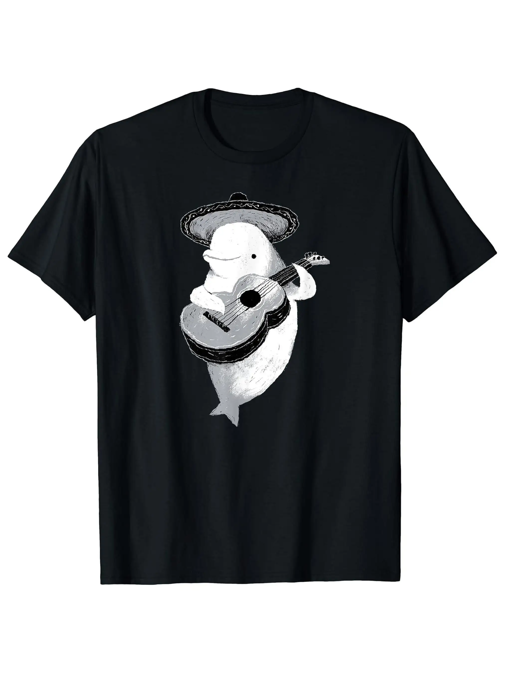 

Men's Black Cotton Graphic T-Shirt Beluga Whale Playing Guitar with Sombrero Design Casual Round Neck Short Sleeve Tee