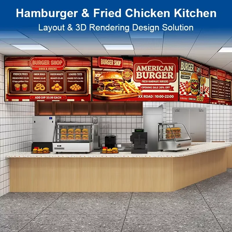 for Hamburger Fried Chicken Shop Commercial Kitchen Layout 3D Rendering Design Catering Equipment Restaurant Project