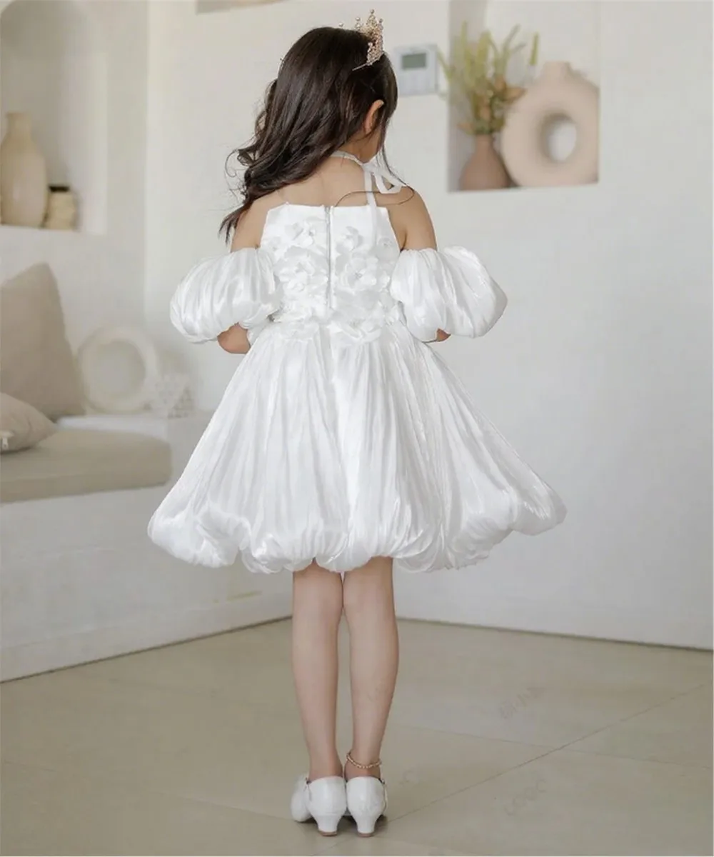 Abito da sposa corto di lusso per ragazza di fiori con applicazioni di fiori, perle, maniche a sbuffo, abito da festa di compleanno per bambini personalizzato