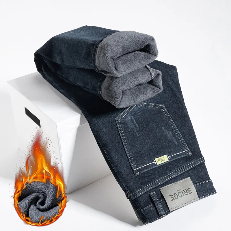 

Утолщенные зимние мужские джинсы, эластичные, удобные, модные, деловые, повседневные, теплые бархатные джинсовые брюки, мужские брендовые