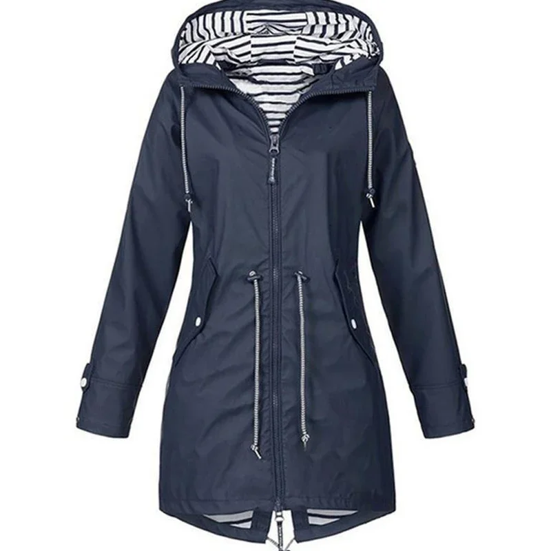 Women's Lightweight Waterproof Raincoat Ideal for Casual Outdoor Hikes Trench Style with Drawstring
