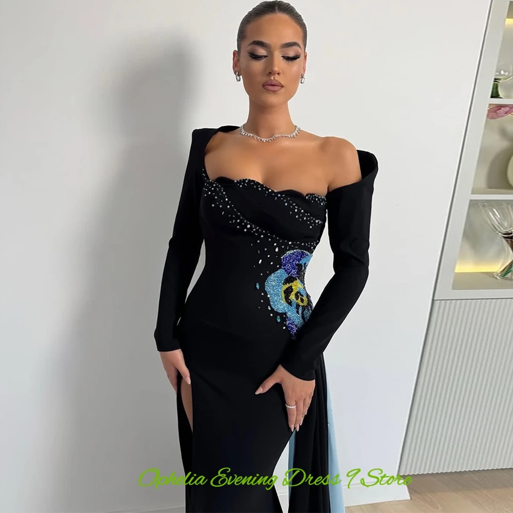 Simple Jersey Long Sleeves Evening Dresses Luxury Colorful Beaded Customized Party Dresses Classic Panel Train Prom Gowns image 4