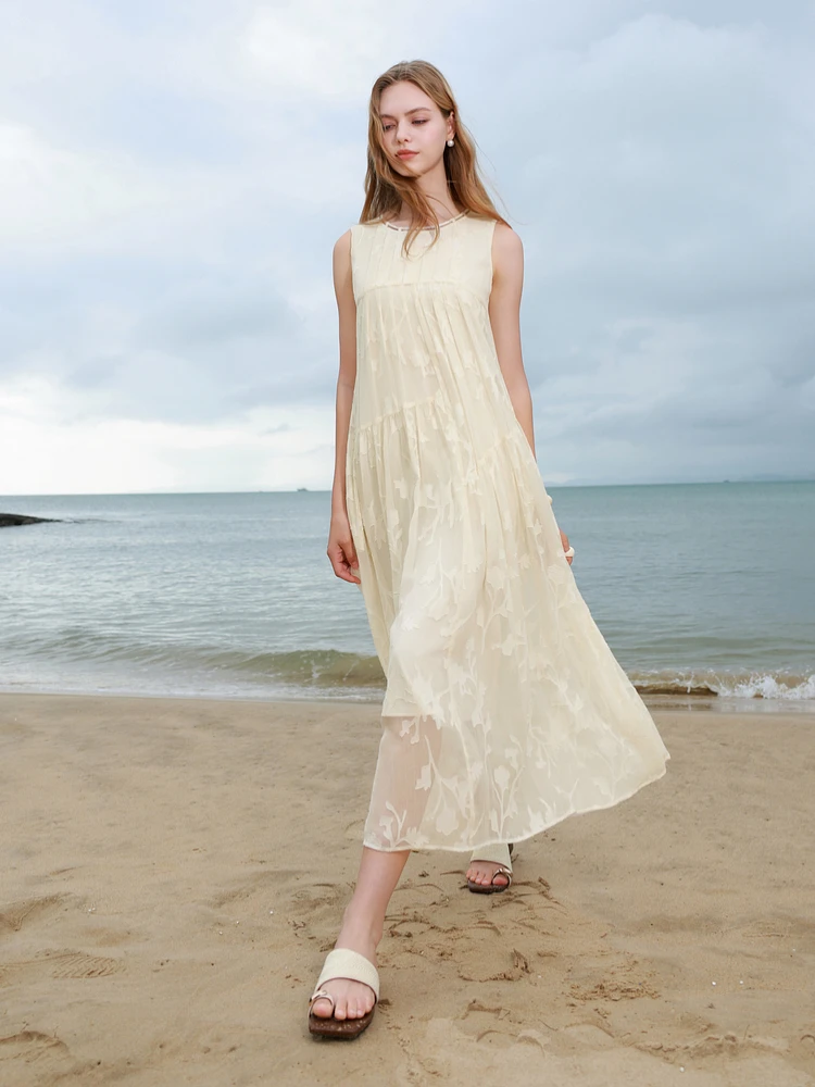 Tee-Color Summer 2025 Floral Cutout Svel round Ne Loose A-Line Dr Ele Commute Sle Polyester Fiber Long Dr