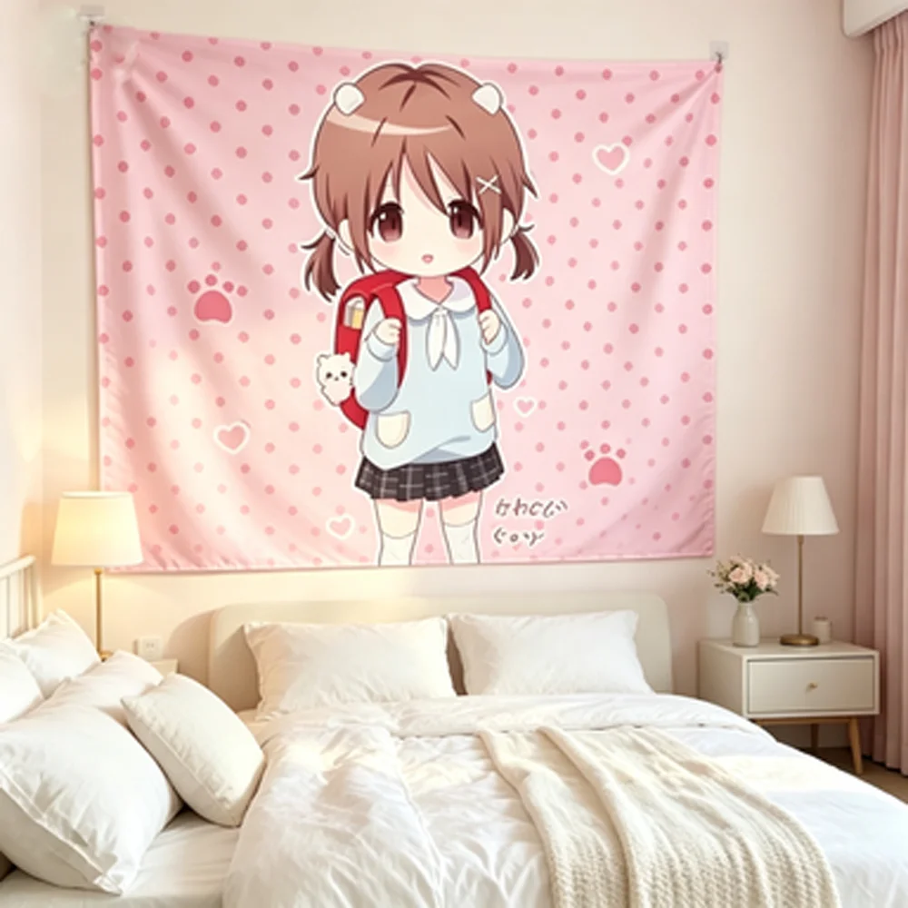 Girly Heart Anime Tapestry Cute Girl Bedroom Dorm Wall Hanging Decor Atmopsheric Background Cloth for Youth Room Decor