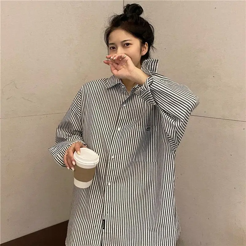 High Street Striped Loose Blouse Spring Autumn New Long Sleeve Polo Neck Vintage Youth Shirt Tops Fashion Casual Women Clothing