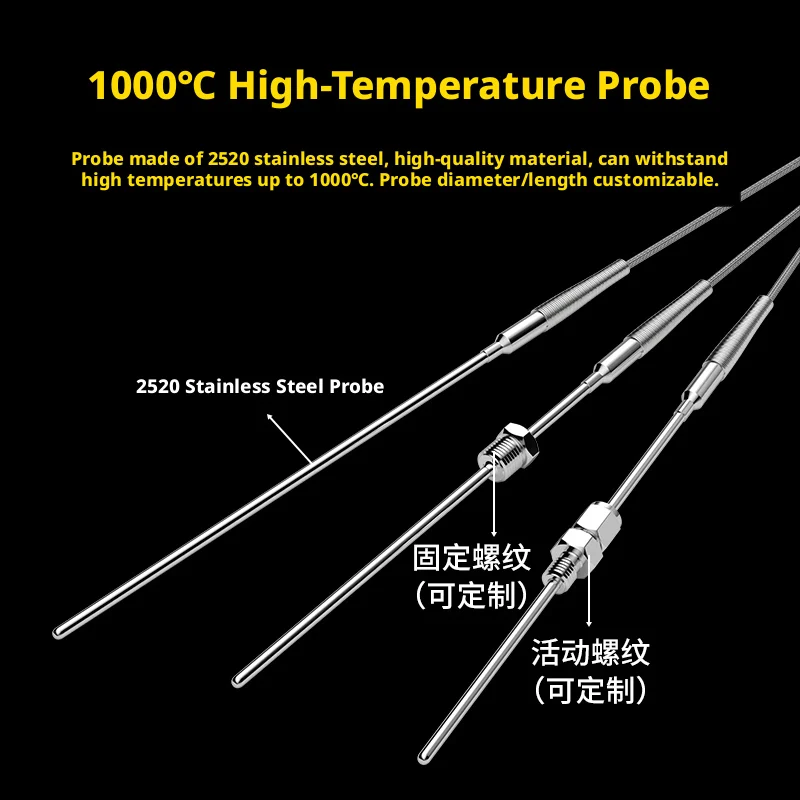 K-Type Armored Thermocouple Probe, -40°C to 1000°C, Stainless Steel Sheath, Flexible Bendable Tip, Fiberglass Insulated Shielded