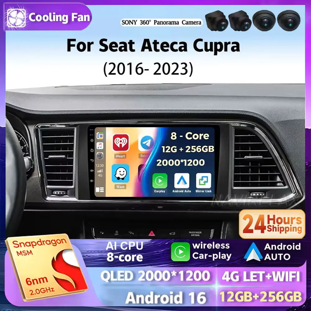Android 16 For Seat Ateca Cupra 2016 2017-2023 2K QLED Android Car Radio Multimedia Video Player GPS AI Voice CarPlay 4G Stereo