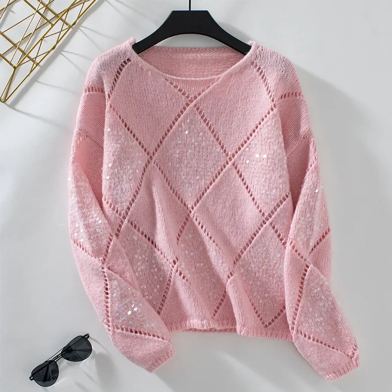 Damski sweter z cekinami 2025 sweter Kintted kurtka Streetwear długa, maksi wiosna jesień luźna zimowa ciepła bluza płaszcz swetry rozpinane — zdjęcie 6