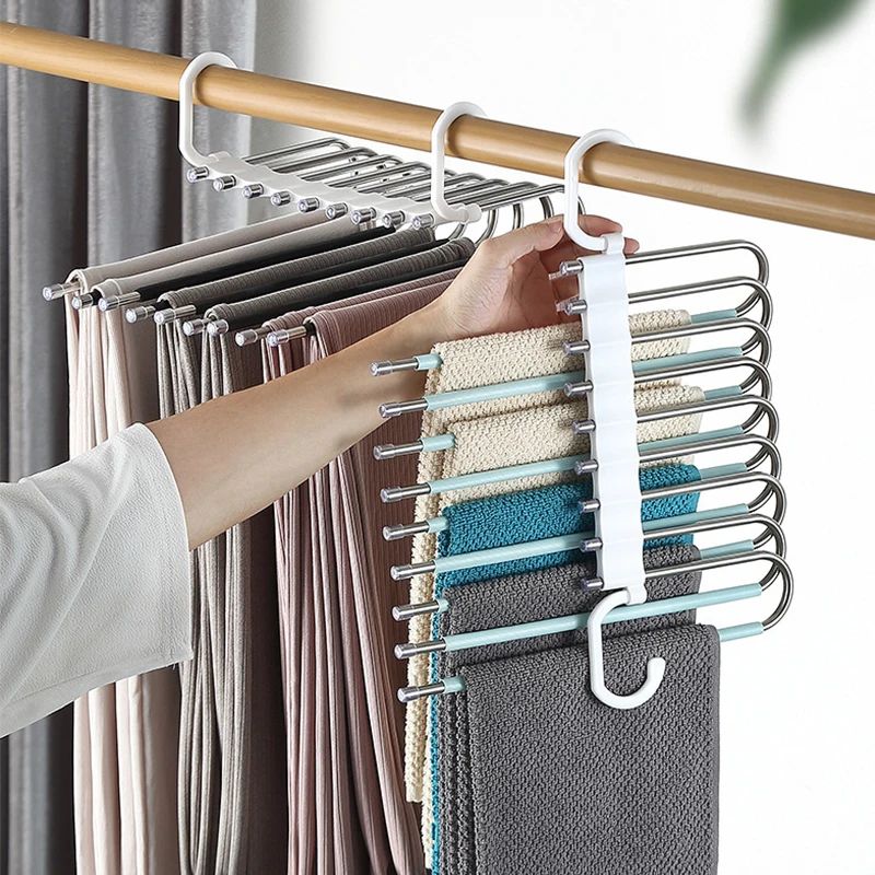 Upgrade 9 Layers Pants Hangers Space Saving, Jeans Hangers Non Slip Stainless Steel Multifunctional Rack S-Type Closet Organizer