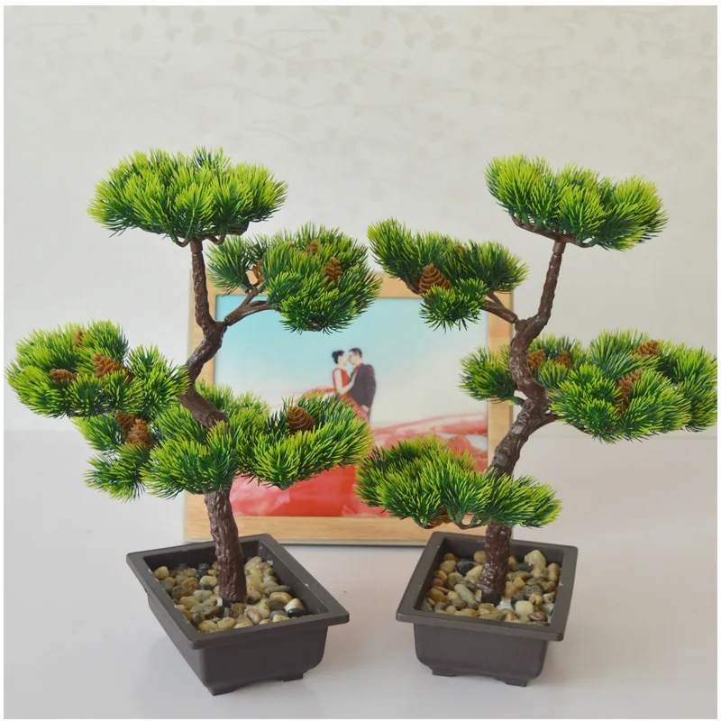 Artificial Welcome Pine Bonsai Plastic Green Plant Mini Potted Plant Desktop Set Home Furnishings Creative Decorations