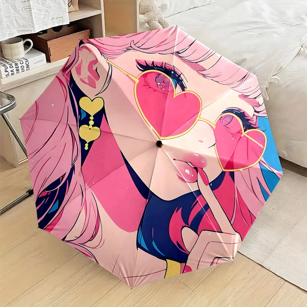 1PC Stylish Heart-Theme Anime Umbrella Design Print 8 Iron Ribs Folding Umbrella Auto-Open Fashion Sunshade