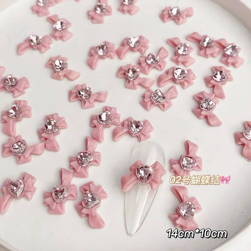 30/20/10PC Pink Ribbon Resin Bow Parts Nail Charms Mix-Style Bow Rhinestone Jewelry 8-12mm Y2K Accessory for DIY Manicure Decora