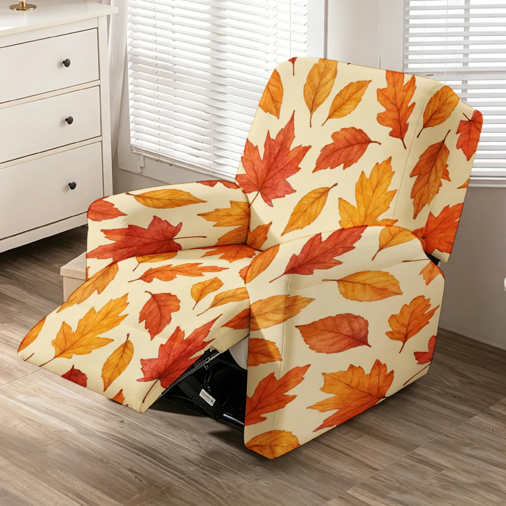 Cream Watercolor Fall Maple Leaf Print Stretch Recliner Chair Cover, Removable Washable Full Wrap Armrest Lazy Sofa Slipcover