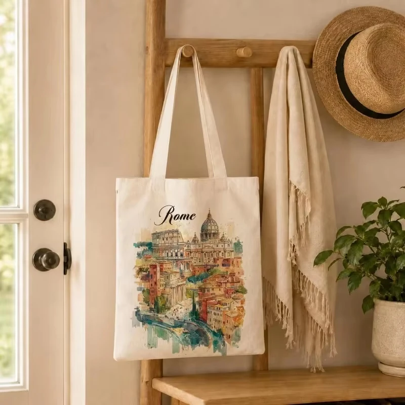Rome Watercolor Canvas Tote Bag Italy Cityscape Print Reusable Eco Friendly Shopping Shoulder Bag Travel Gift