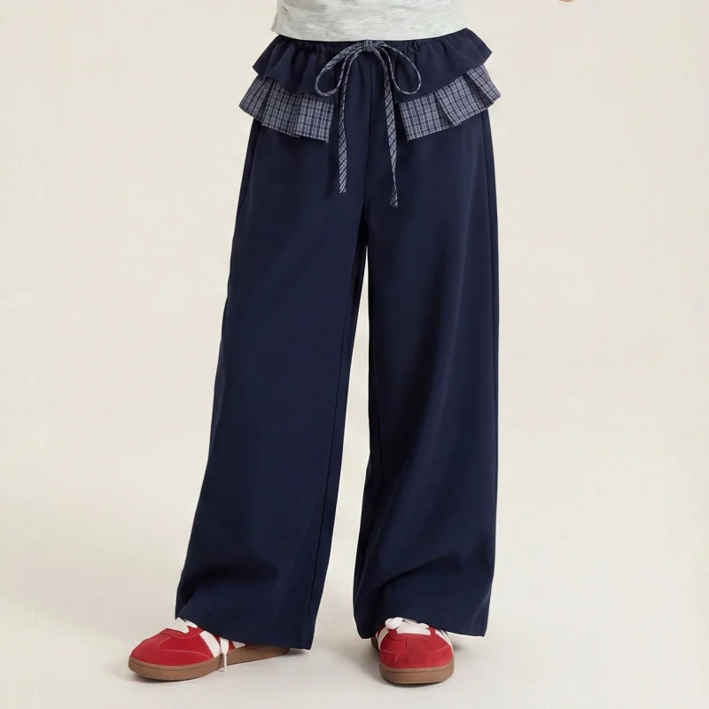 Girls School Casual Pants Wide Leg Pants Navy Blue Trousers with Plaid Ruffle Waist Elastic Drawstring Preppy Style Kids Bottoms