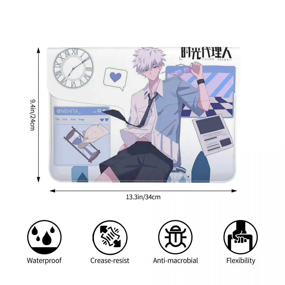 Link Click Anime PU Leather Horizontal Laptop Sleeve Shockproof Soft Lining Notebook Case 13 Inch