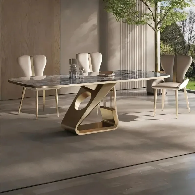 Rectangle Dining Table and Chairs Marble Dining Tables Set Italian Style Dining Room Table Luxury Modern Golden Steel Frame