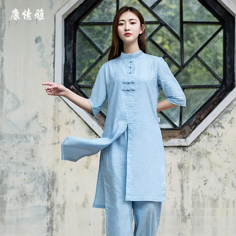 Women Yoga Set Tai Chi Meditation Taiji Uniforms Cotton Linen Short Loose Wide Leg Yoga Pant Yoga Top Casual Martial Art Clothes