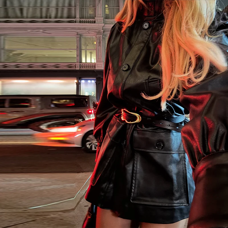 

Зимняя универсальная шикарная удобная гладкая кожаная куртка женская толстая простая одежда с воротником-стойкой новая вечерние изысканное пальто на шнуровке