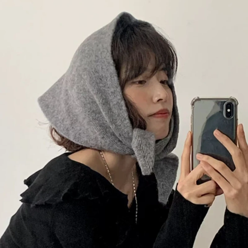 

Korean New Simple Solid Color Knitted Triangular Headscarf Autumn and Winter Niche Warm Wool Blended Pullover Hat for Women's