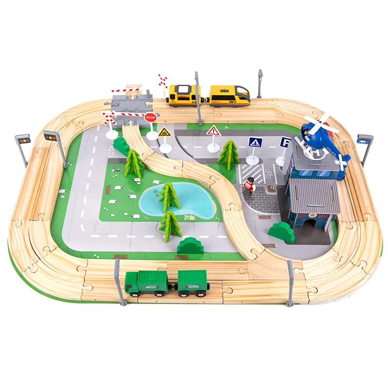 108 sztuk drewniane zabawki dla dzieci Puzzle Diy zmontowane autostrada zestaw torów kolejowych klocki konstruktor gry planszowe Montessori