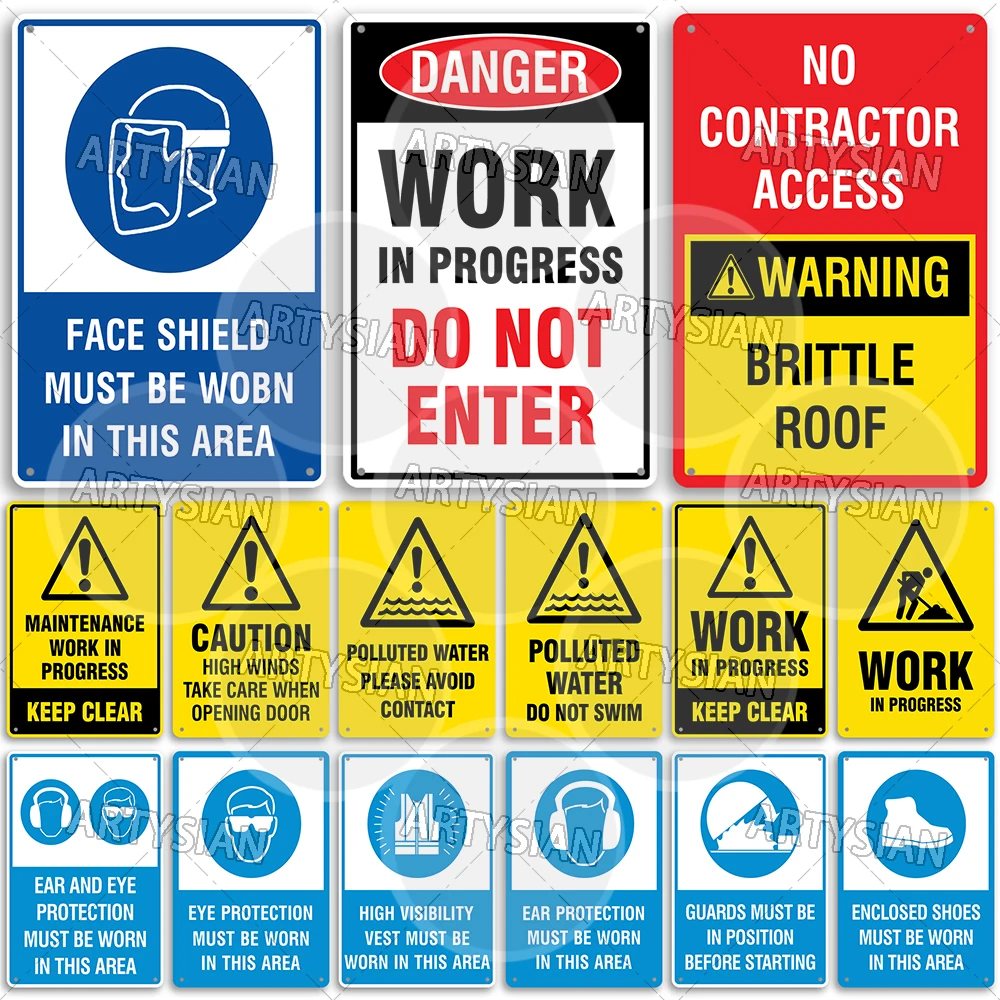 Workplace Safety Metal Sign Warning Strong Winds Work In Progress Maintenance Work In Progress Polluted Water Construction Zone