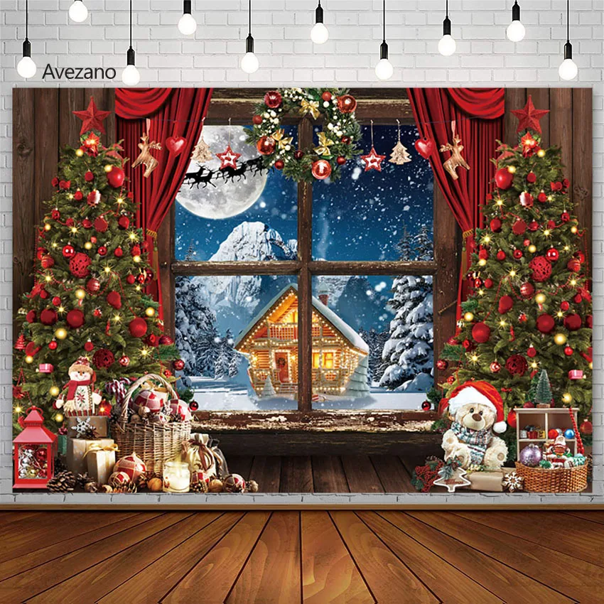 

Avezano Christmas Backdrop Photography Window Snowflake Wreath Tree Toy Bear Portrait Background Photo Studio Decoration