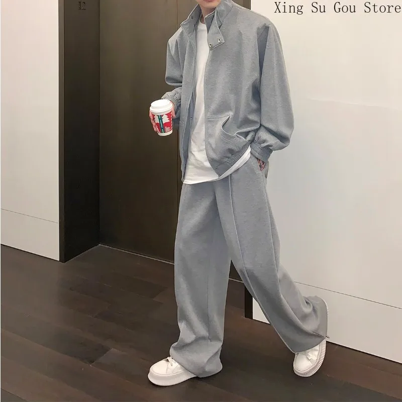 Men's Sports and Leisure Suit Spring and Autumn New Stand Collar Cardigan Coat Men's Suit Loose Gray Hoodie Two-piece Set