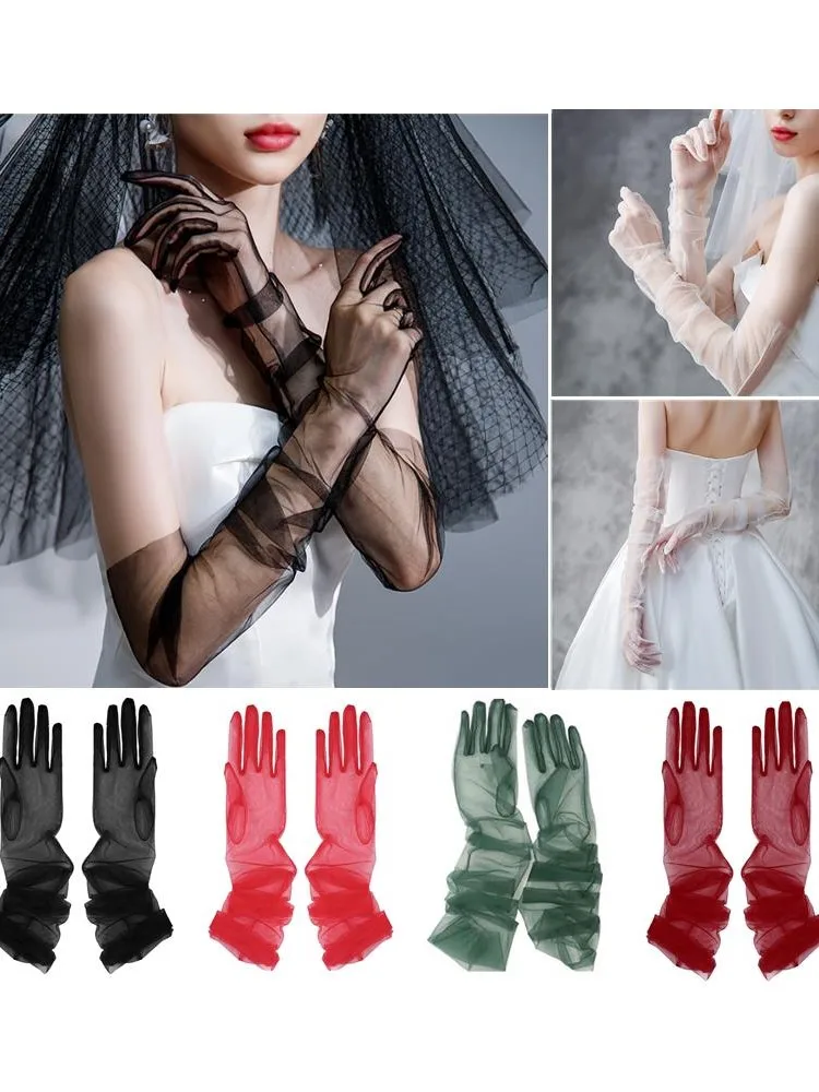 Gants Ultra Tulle pour femmes, maille transparente, doigt complet, coude, longs, gants de protection solaire Vintage, mitaines pour robe de mariée et de mariage