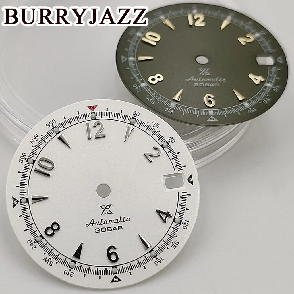 BURRYJAZZ 28.5mmNo Logo NH35 Watch Dials Green White Dial Green Luminous Fit 3 O'clock 3.8 O'clock Case Crown