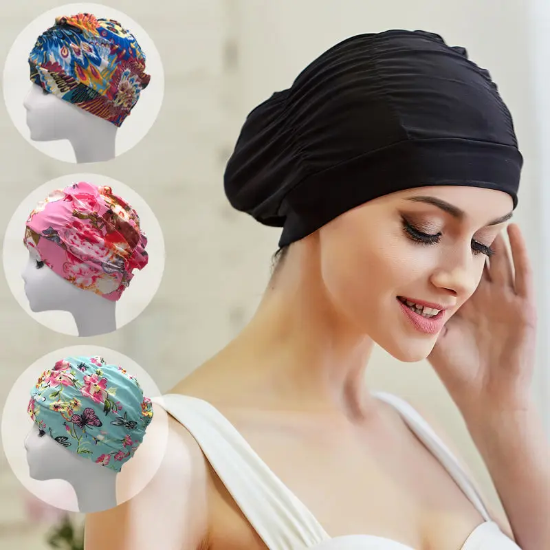 Cuffia da nuoto ad alta elasticità uomo donna taglia libera fiori solidi stampati capelli lunghi sport cappello da piscina turbante in Nylon