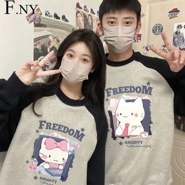 

Kawaii Sanrio New Couple T-shirts Women Hello Kitty Men Cute Anime Tops 2pcs Y2k Spring Autumn Long Sleeve Fashion Loose Tees