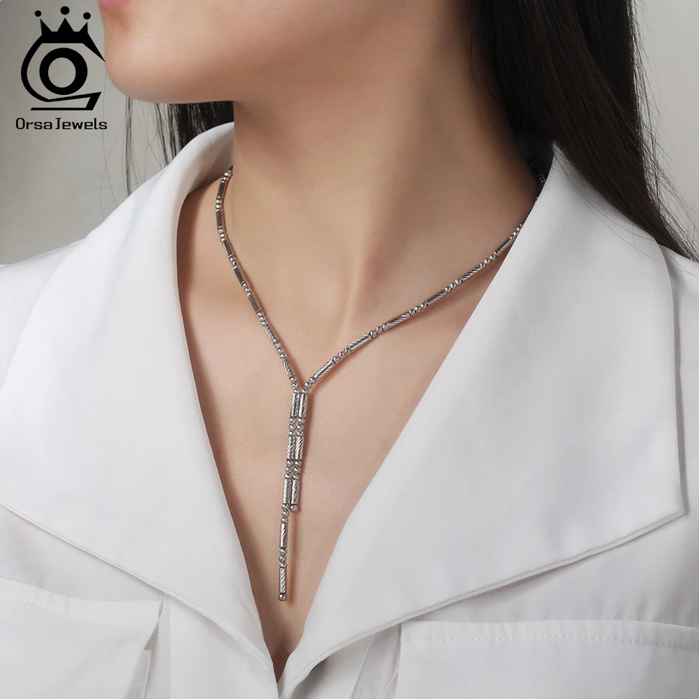 ORSA JEWELS S925 Sterling Silver Exquisite Y-shaped Chain Necklace Simple Jewelry Party for Women Men Choker Necklaces SC88