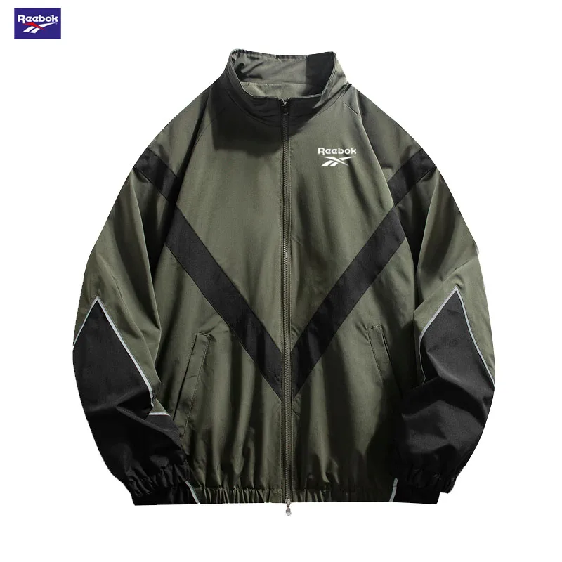 2025 Reebok New Men's Fall Jacket with Reflective Patch Stand Collar, Windproof Sporty Casual Jacket for Autumn and Spring