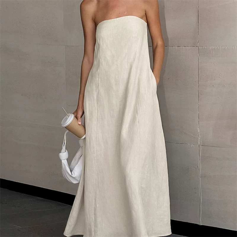 Lichte luxe champagne satijnen strapless jurk lente en zomer damesmode zachte losse geschikte kantoor woon-werkverkeer casual jurk