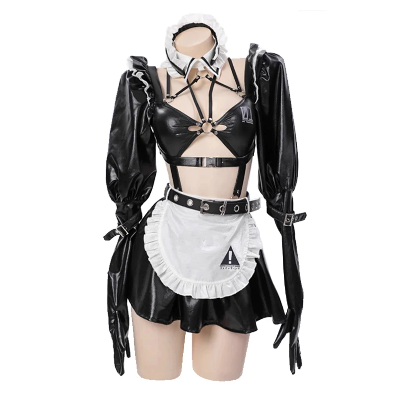 

Anime Miku Cosplay Costume Women Sexy Leather Hollow out Maid Uniform Belt Headwear Socks Apron Halloween Carnival Party Clothes
