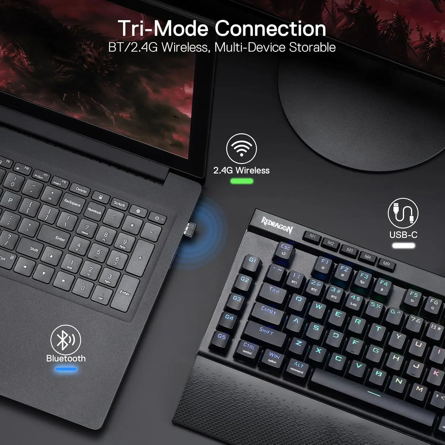 Redragon K587 PRO TKL RGB 3-Mode لوحة مفاتيح ميكانيكية لاسلكية 87 مفتاحًا للألعاب، مسند معصم قابل للفصل، مفاتيح حمراء خطية قابلة للتبديل السريع