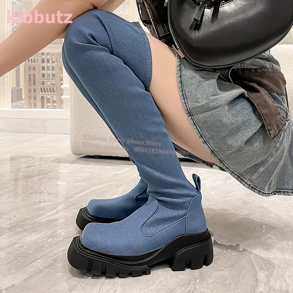 

Denim Cloth Knee High Knight Boots Platform Square Toe Boots Chunky Heel Cowboy Solid Blue Side Zipper Fashion Concise Women New