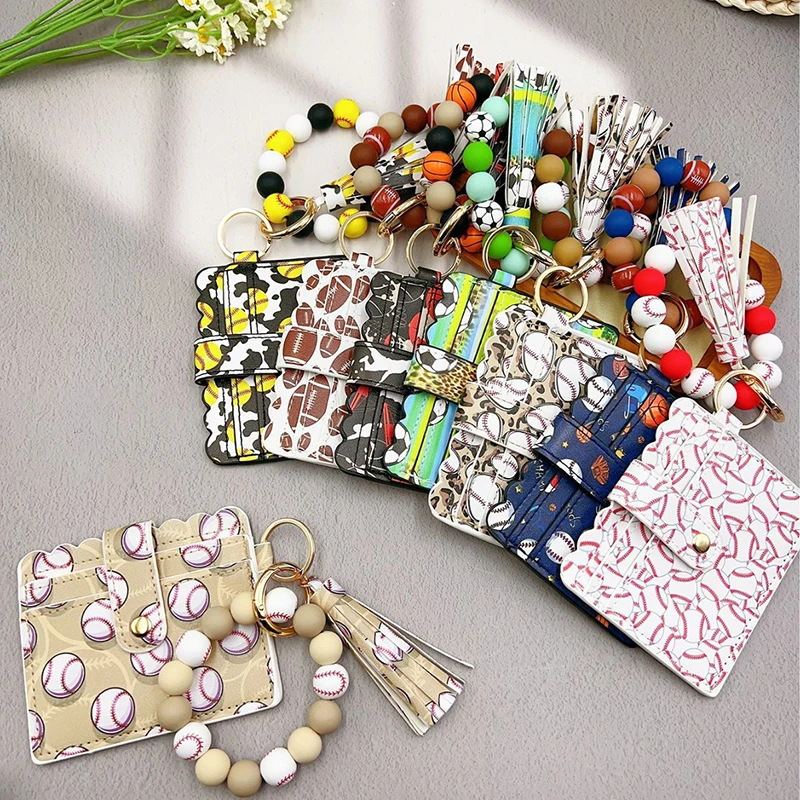 5pcs/lot  Card Holders PU Basketball Soccer Printing Short Bank Card ID Bag With Tassel Mix Color
