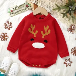 0 to 18 Months Christmas Baby Girl Boy Knit Bodysuit Long Sleeve Crew Neck Deer Print Knit Jumpsuit Newborn Baby Clothing