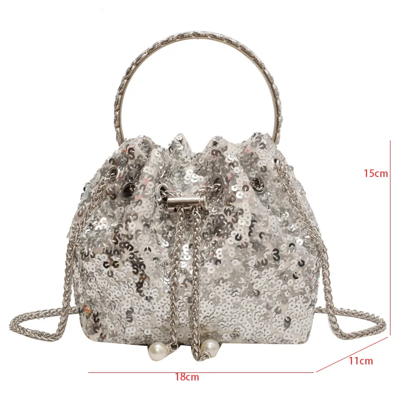 Fashion Bag For Women 2023 Luxury Silver Sequin Evening Clutch Bag Versatile Chain Crossbody Shoulder Bag Round Ring Handle Bag