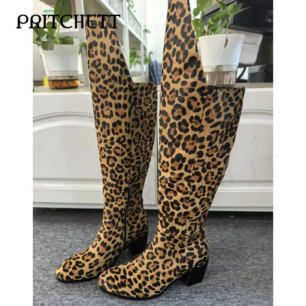 Leopard Print Designer Boots Round Toe Side Zipper Cutout Mid-Length Block Heel Boots Fashion Casual Large Size Women Boots