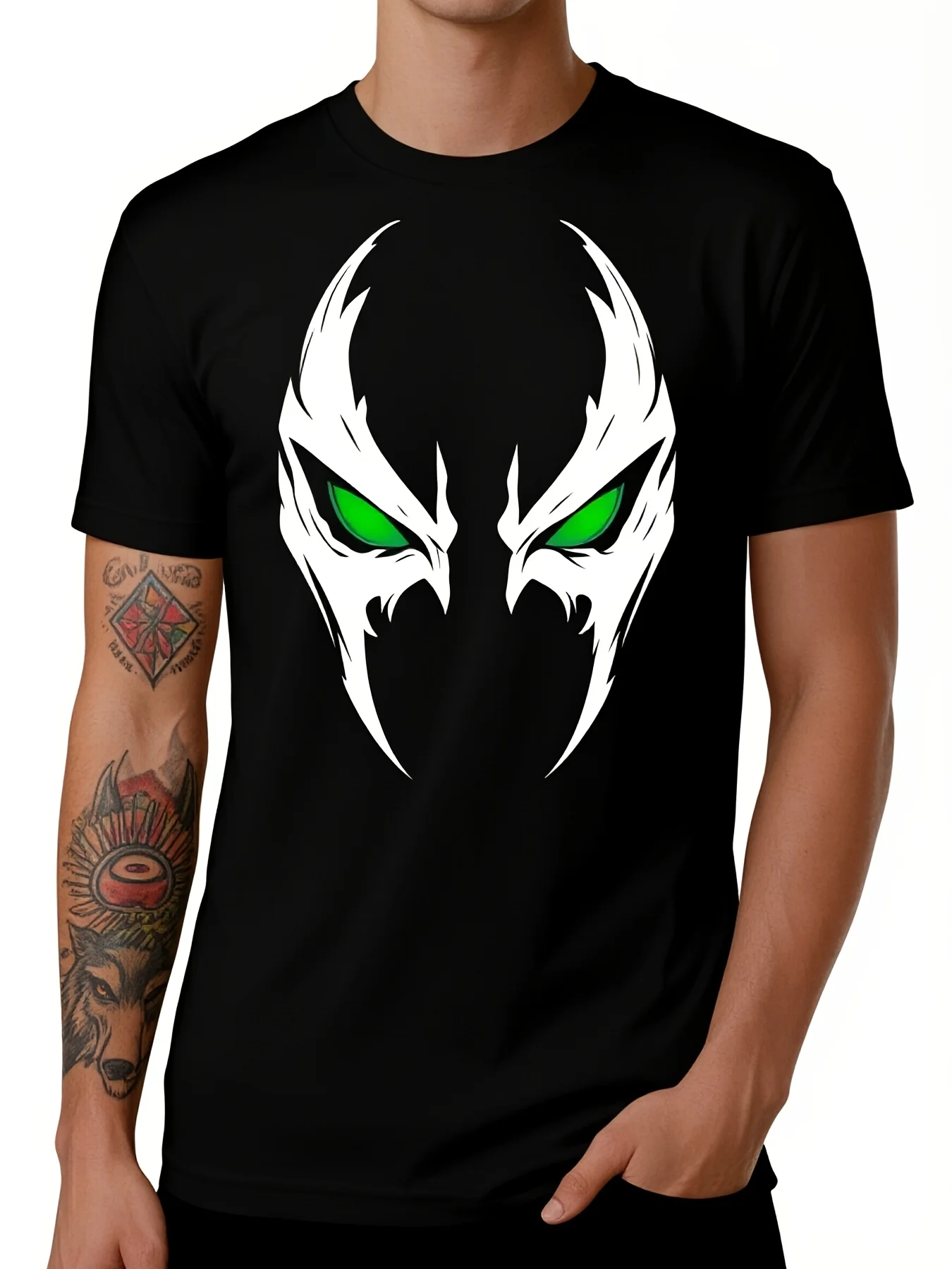 Men's Plus Size Spawn Pattern Printed T-shirt, Black Street Style T-shirt, White and Green Eye Design, Casual Stretch Fabric, Light and Comfortable, Suitable for Outdoor Sports, Fitness, Running and Casual Wear