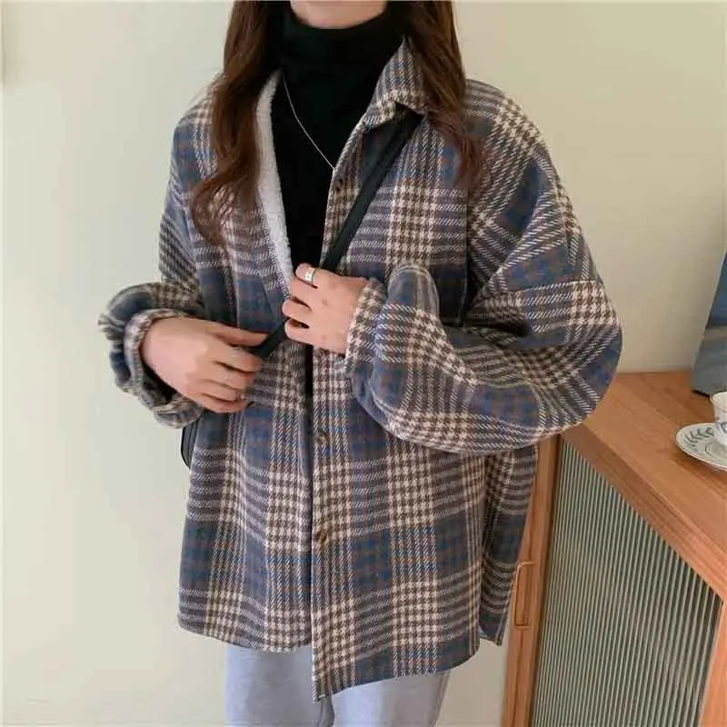 Winter Women Retro Lamb Wool Warm Plaid Shirts Winter Loose Thick Plush Lapel Casual Tops Bf Harajuku All Match Streetwear