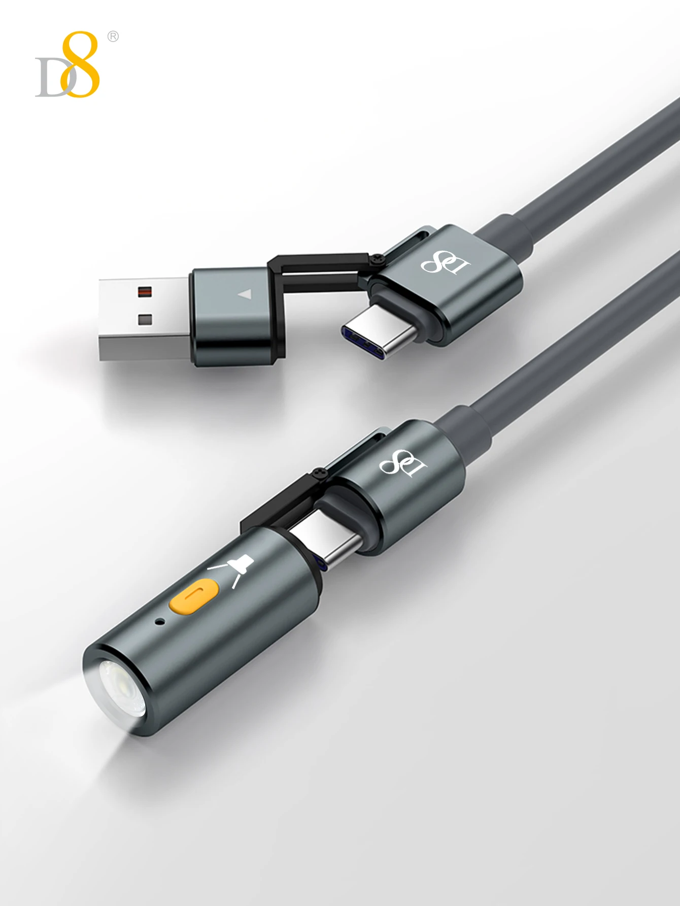 D8 Fast charging flashlight data cable 240W multi-interface USB-A and Type-C compatible with iPhone/ Samsung/smart phones, etc.