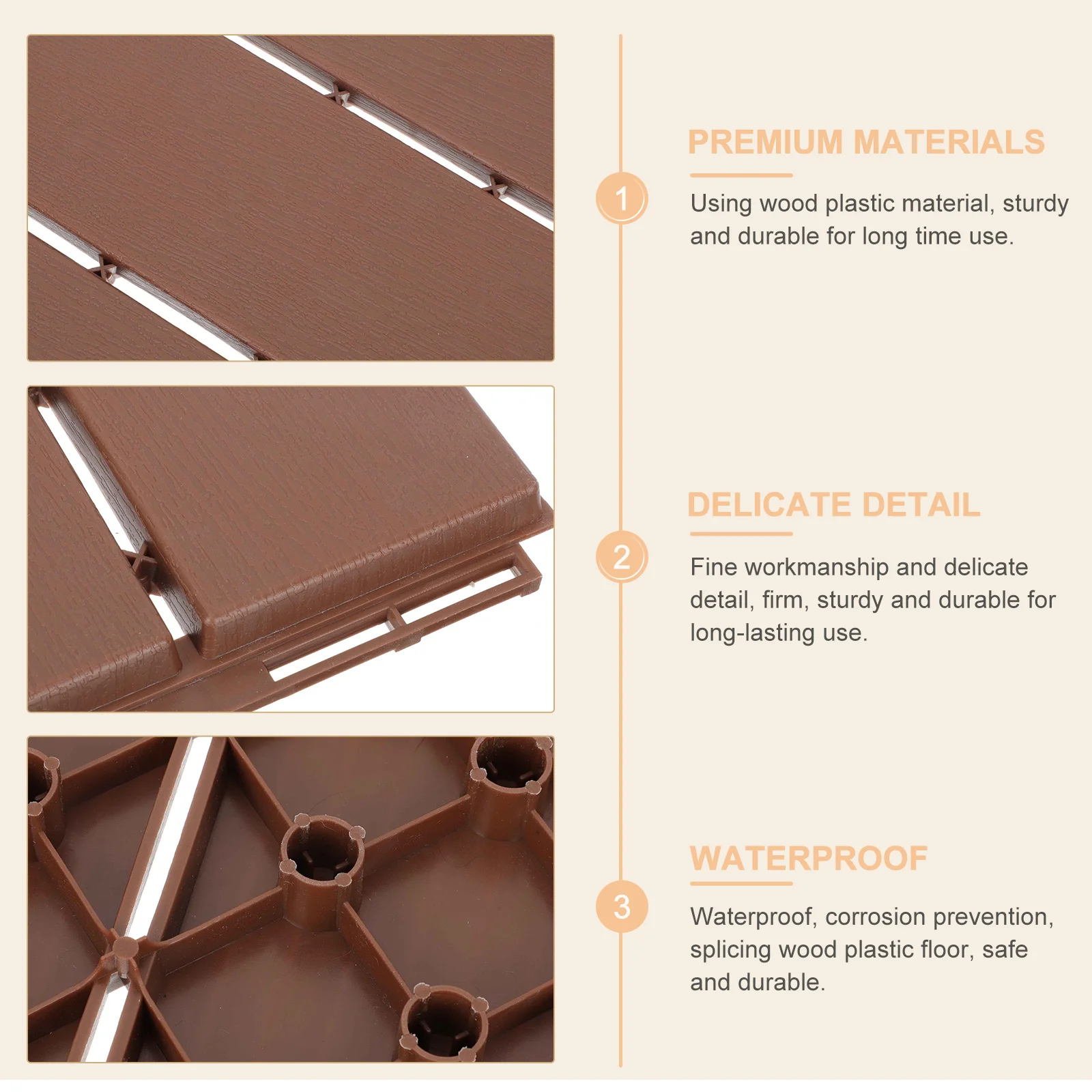 Piso de madeira e plástico à prova d'água, design de emenda, fácil instalação, jardim ao ar livre, varanda, quintal, corredor, piso correspondente