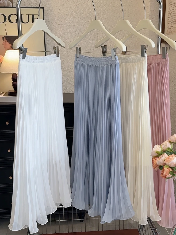

Women's Summer Elegant Pleated Elastic Waist Chiffon Long Skirt Lady High Waist A Line Streetwear Solid Color Skirt