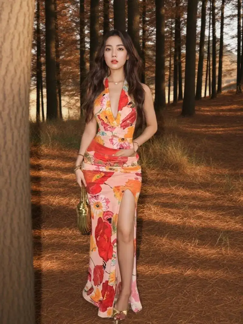 

Комплект из 2 предметов с цветочным принтом, женский укороченный топ с лямкой на шее и открытой спиной + узкие длинные юбки, костюм в пляжном стиле для отпуска